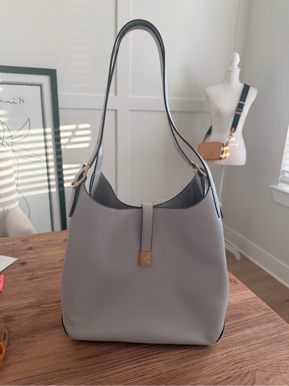 Kate Spade Large Deco Pebbled Leather Shoulder Bag Gray Blue Gold Hardware